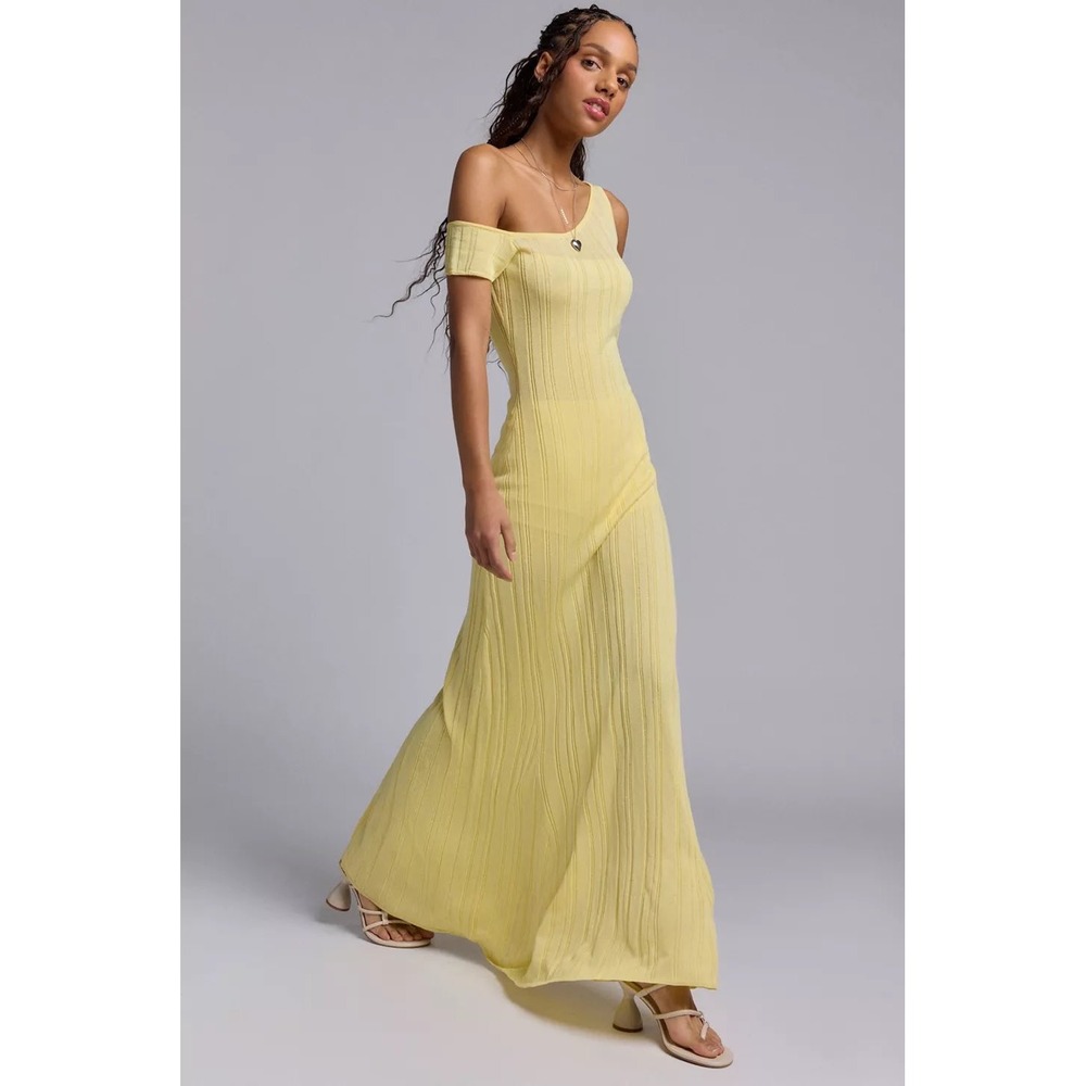 AFRM‎ Butter Yellow Ribbed One Shoulder Maxi Dress Hoda Sheer Asymmetric Size XS